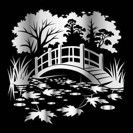 Wooden bridge over the pond. Black and white vector illustration.のイラスト素材