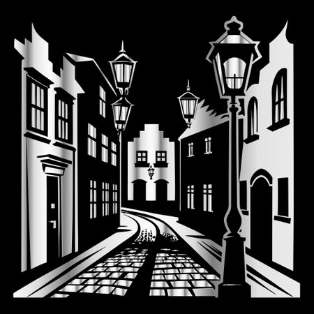 Black and white illustration of a street in the old city with lanternsのイラスト素材