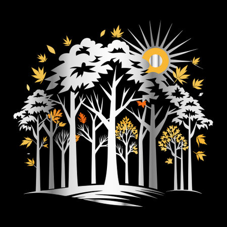 Autumn trees with sun and heart shape on black background. Vector illustration.のイラスト素材