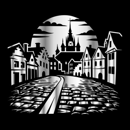 Cityscape of the old town on a black background. Vector illustrationのイラスト素材