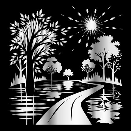 vector landscape with trees, road and lake on a black background.のイラスト素材