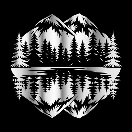 Mountain and lake with fir trees on a black background. Vector illustrationのイラスト素材