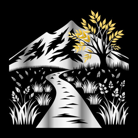Illustration of a mountain landscape with a road and a tree.のイラスト素材