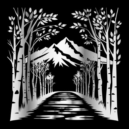 Vector illustration of a road in the forest with trees and mountains.のイラスト素材