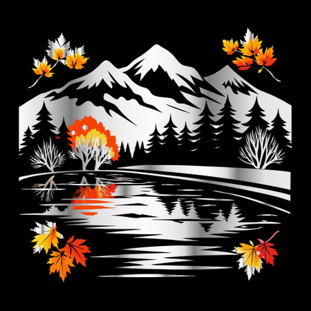 Mountains and lake with autumn leaves on black background, vector illustrationのイラスト素材
