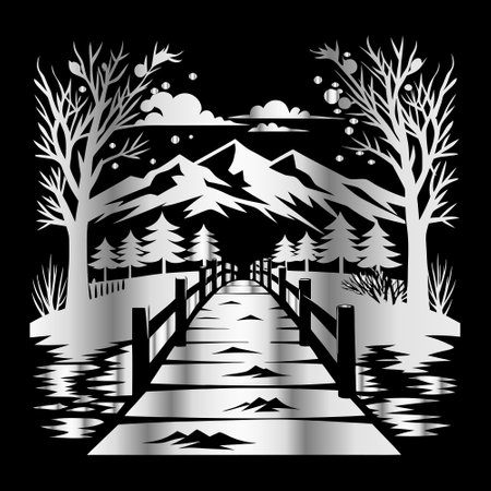 Wooden bridge over the lake, black and white vector illustration.のイラスト素材