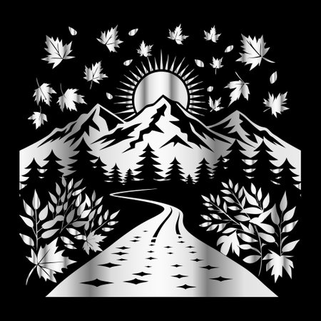 Vector illustration of a road in the mountains with trees and sun.のイラスト素材