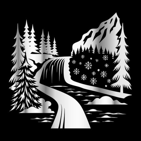Winter landscape with a waterfall and pine trees. Monochrome vector illustration.のイラスト素材