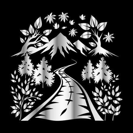 The vector image of a road with trees, flowers and mountains.のイラスト素材