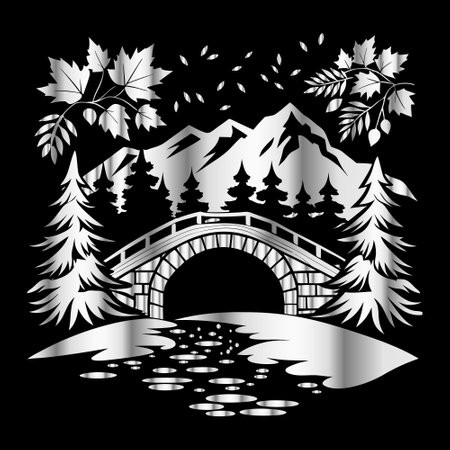 Vector illustration of a bridge over a lake in the mountains with treesのイラスト素材