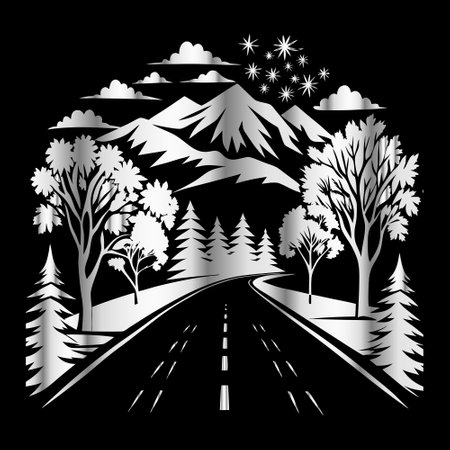 Winter landscape, road, trees, mountains and snowflakes.のイラスト素材