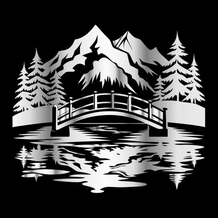 Mountain with bridge and reflection on the water. Vector illustration.のイラスト素材