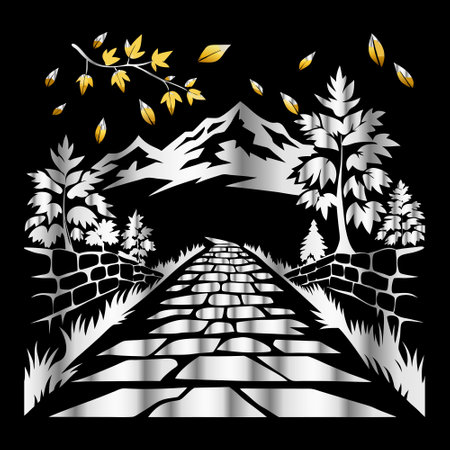 Illustration of a path with trees and mountains on a black backgroundのイラスト素材