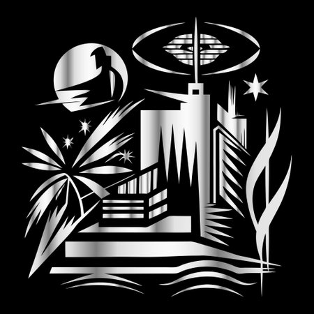 Skyscrapers and palm leaves on black background. Vector illustration.のイラスト素材