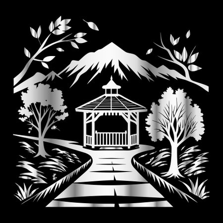 Illustration of a path leading to a gazebo on a black backgroundのイラスト素材