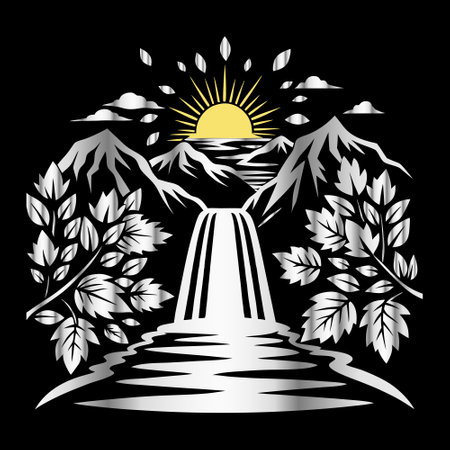 mountain, sun, river and trees on a black background.のイラスト素材