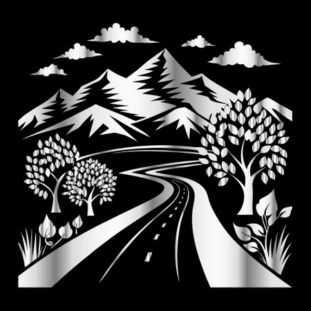 Illustration of the road with trees and mountains on a black backgroundのイラスト素材