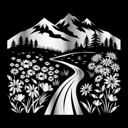 Mountains and meadow with flowers in black and white illustration.のイラスト素材