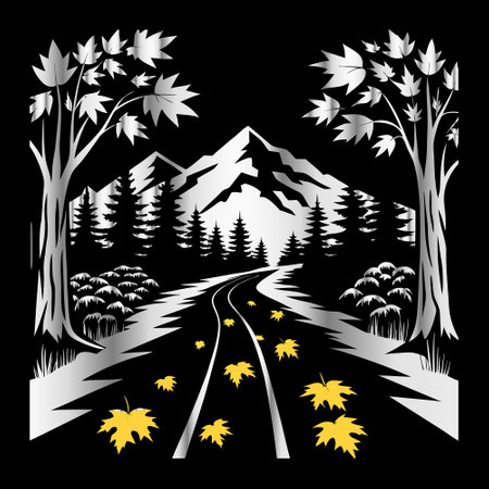 autumn landscape with trees, road and mountains. vector illustration.のイラスト素材