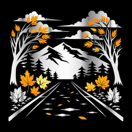 Autumn landscape with trees, road and mountains. Vector illustration.のイラスト素材