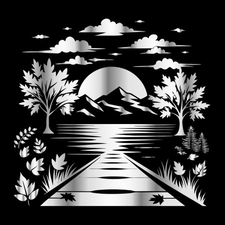 Black and white landscape with lake, mountains, clouds and trees.のイラスト素材
