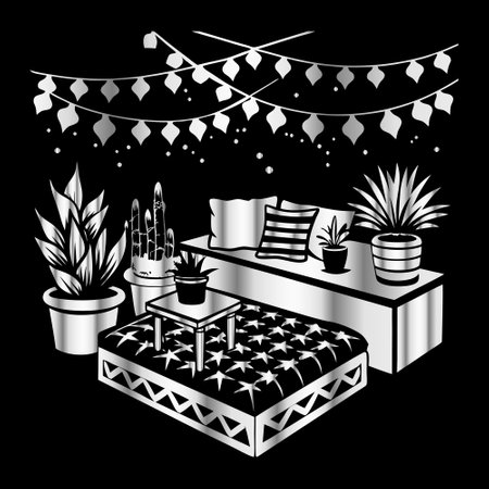 Interior of the room with a bed, a table, a chair, a lamp, a potted plant and a garland. Vector illustration.のイラスト素材