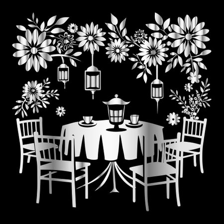 Illustration of table and chairs with flowers and lanterns on black backgroundのイラスト素材