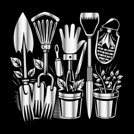 Gardening tools set on black background. Vector Illustration.のイラスト素材