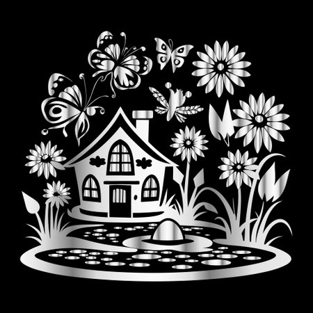 Illustration of a house with flowers and butterflies on a black backgroundのイラスト素材