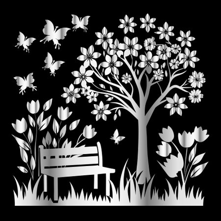vector tree with flowers, bench and butterflies in black and white colorsのイラスト素材