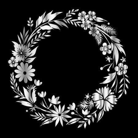 Illustration of floral wreath with white flowers on black background.のイラスト素材