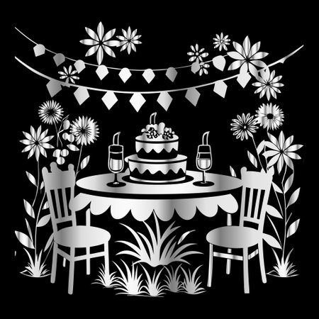 Illustration of a table and chairs for a birthday party with flowersのイラスト素材