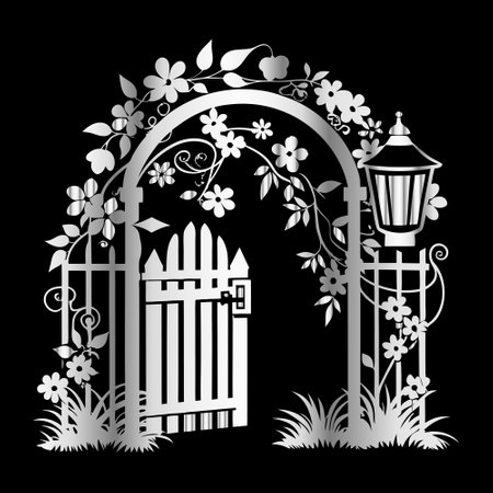 Illustration of a garden gate with a lantern and flowers on a black backgroundのイラスト素材