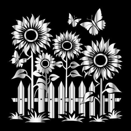 garden with sunflowers and fence on black background, vector illustrationのイラスト素材