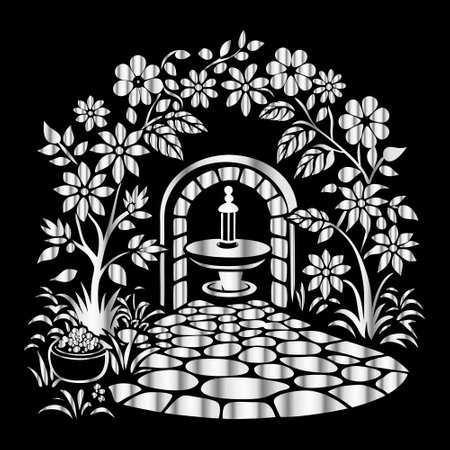 Illustration of a black background with a fountain, flowers and plantsのイラスト素材