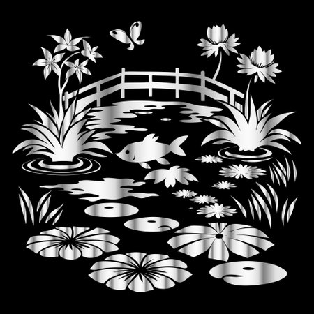 Japanese-style image of a pond with fish, flowers and butterfliesのイラスト素材