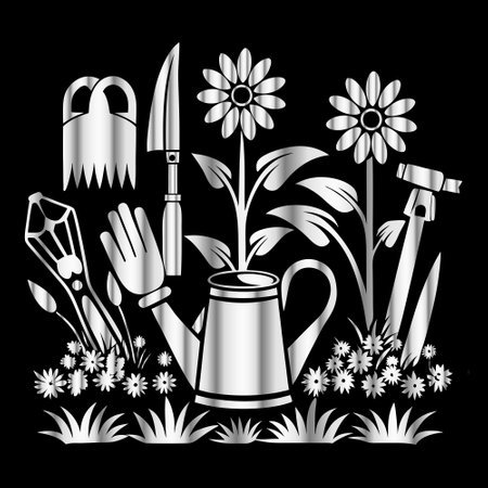 Gardening tools and flowers. Black and white vector illustration.のイラスト素材