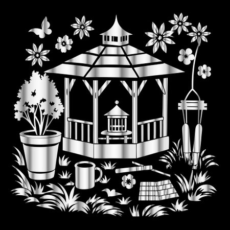 gazebo with flowers and butterflies on a black background.のイラスト素材