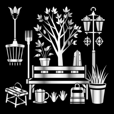 illustration of a set of gardening tools on a black background.のイラスト素材