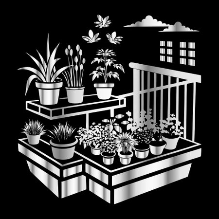 Illustration of a balcony with plants and flowers on a black backgroundのイラスト素材