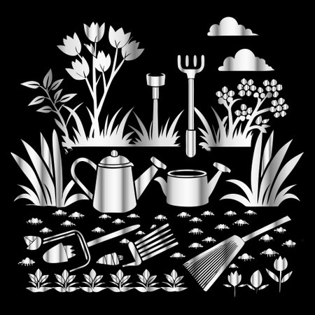 Gardening tools and plants. Black and white vector illustration.のイラスト素材