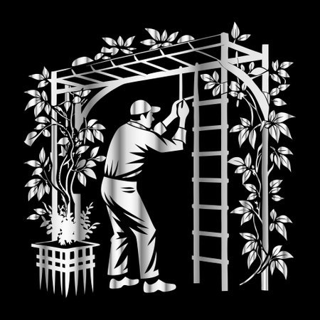 Vector illustration of a gardener pruning a plant in the gardenのイラスト素材