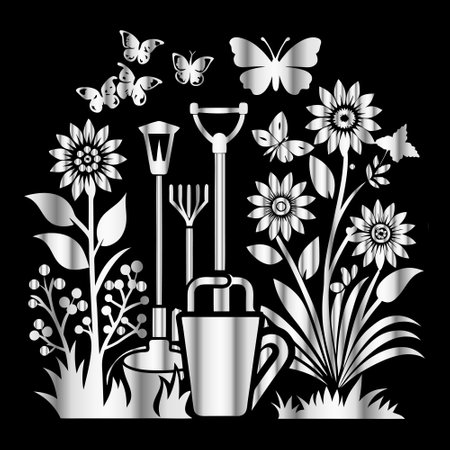 Gardening tools and flowers on black background. Vector illustration.のイラスト素材