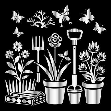 Gardening tools and flowers on a black background. Vector illustration.のイラスト素材