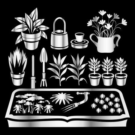 Gardening tools and plants. Vector illustration. Black background.のイラスト素材