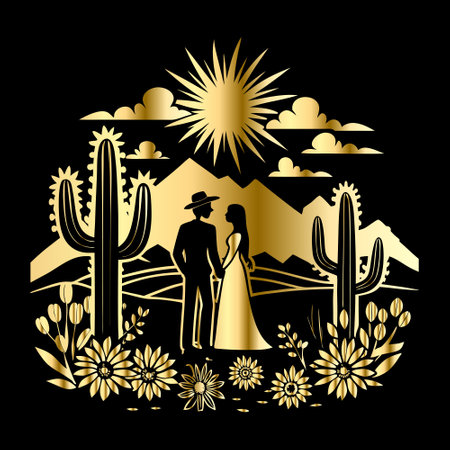 Couple in love. Silhouette of a man and a woman on a background of mountains and flowersのイラスト素材