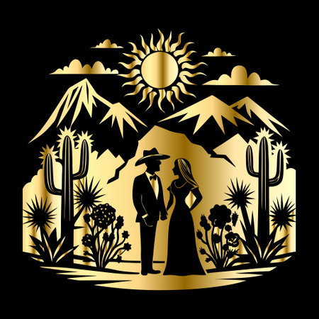 Silhouette of a newlywed couple in the desert. Vector illustrationのイラスト素材