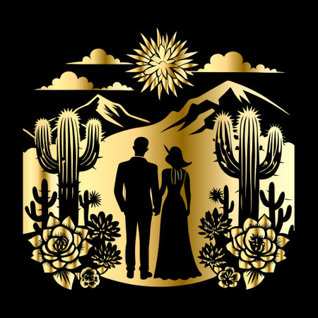 Silhouette of a man and a woman on a background of cacti.のイラスト素材