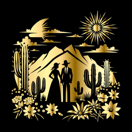 Silhouette of a couple in the desert with cacti and mountainsのイラスト素材