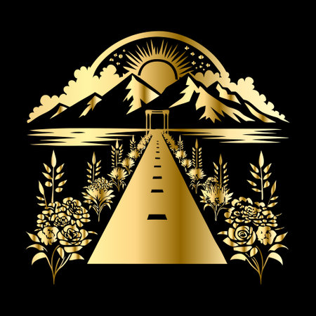 Vector illustration of a road in the mountains with flowers and sun.のイラスト素材